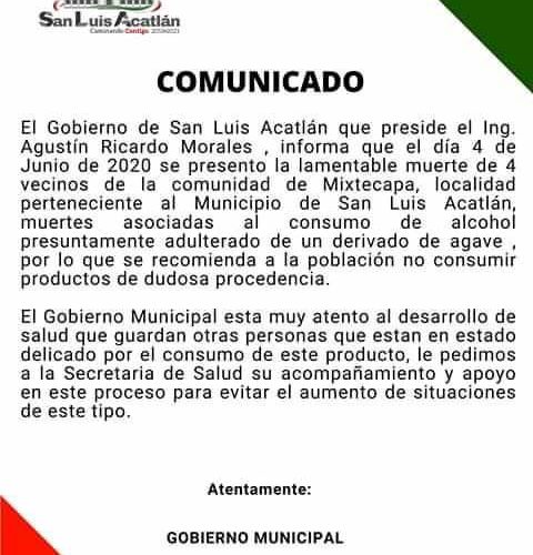 4 muertos por consumir alcohol adulterado en San Luis Acatlán.