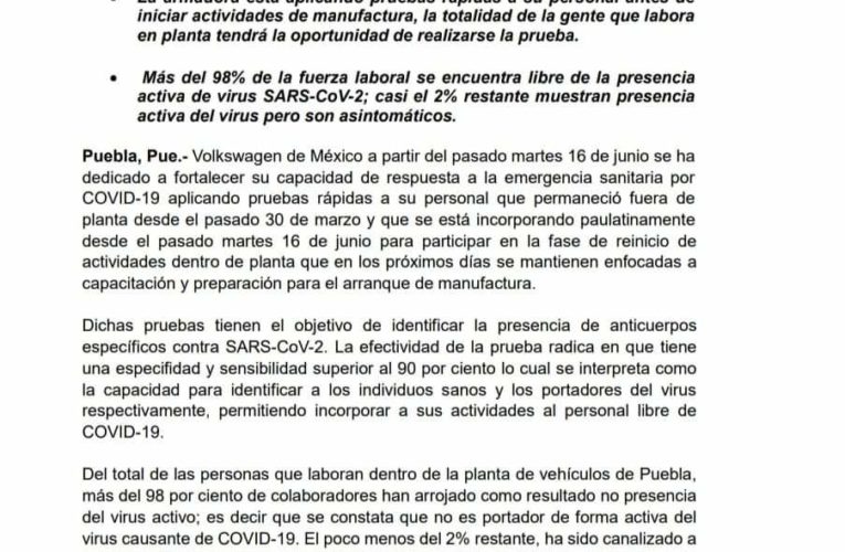 En Volkswagen casi el 2% muestran presencia activa del Covid-19 pero son asintomáticos, reporta la empresa