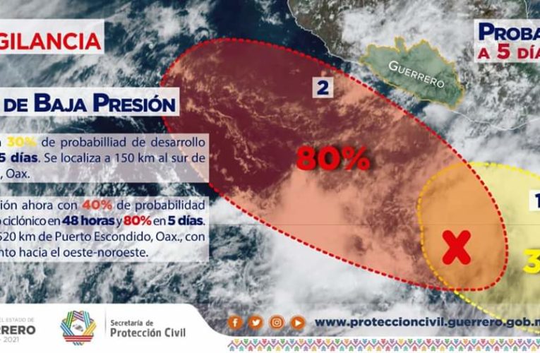 Protección civil estatal,vigila la evolución de 2 zonas de baja presión en el océano Pacífico.