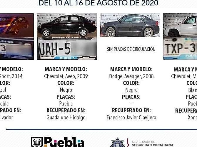 La Secretaría de Seguridad Ciudadana de Puebla recuperó 10 vehículos con reporte de robo.