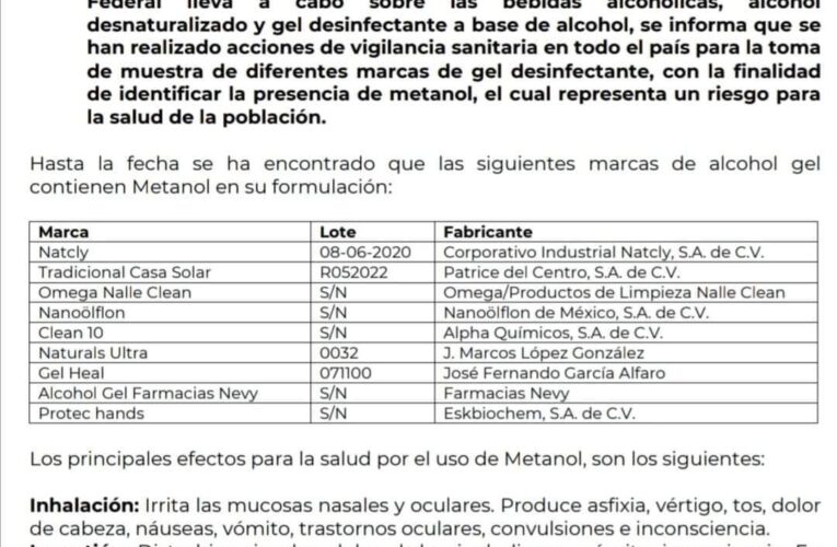 #Alerta sobre las diferentes marcas de Gel antibacterial que contienen Metanol. ﻿