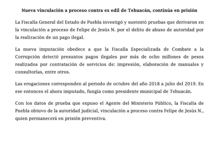 Vincula la fiscalía a ex  alcalde de Tehuacán por 8 mdp y abuso de autoridad.