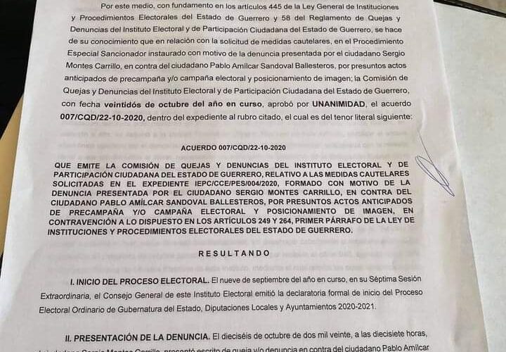 Aprueba Comisión de Quejas del IEPC medida cautelar contra Pablo Amilcar Sandoval.