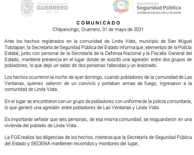 2 muertos durante ataque armado en San Miguel Totolapan, región de la Tierra Caliente.