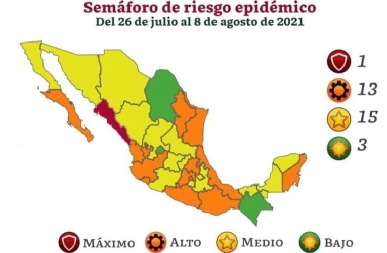 Semáforo epidemiológico; 15 estados en amarillo, 13 naranja,1 en semáforo rojo.