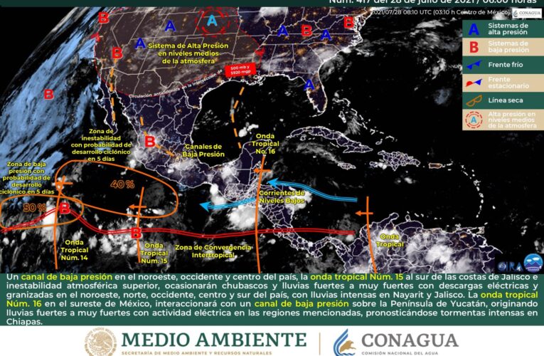 LLUVIAS INTENSAS CON TORMENTAS ELÉCTRICAS Y POSIBLES GRANIZADAS EN NAYARIT, JALISCO Y CHIAPAS.