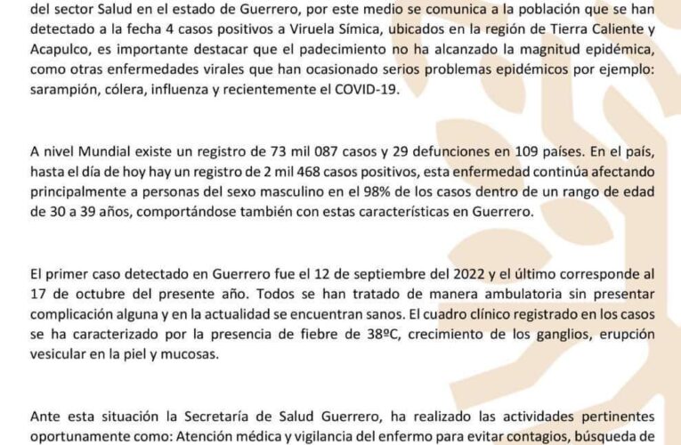 Detectan casos de Viruela Símica en Acapulco y Tierra Caliente.