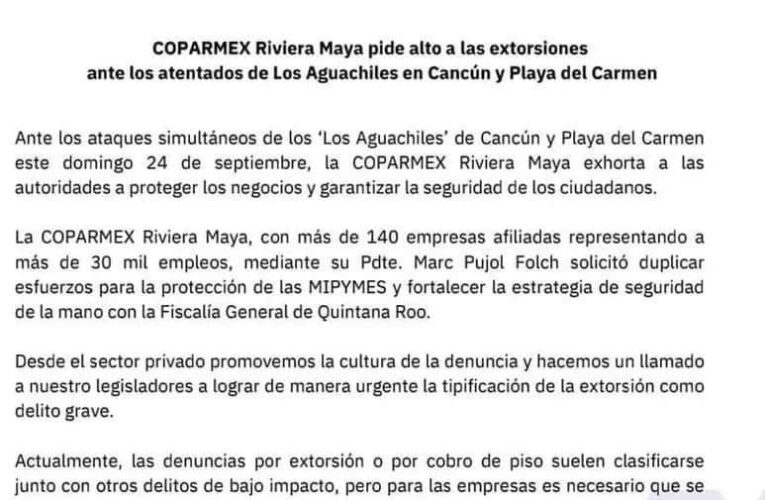 Empresarios piden alto a las extorsiones en Cancún y Playa del Carmen.